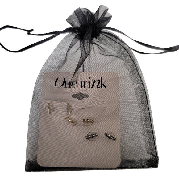 One Wink Earring Set of 3 Bar Stud Gold Silver Black Tone Crystal 10mm, Gift Bag - Picture 7 of 7